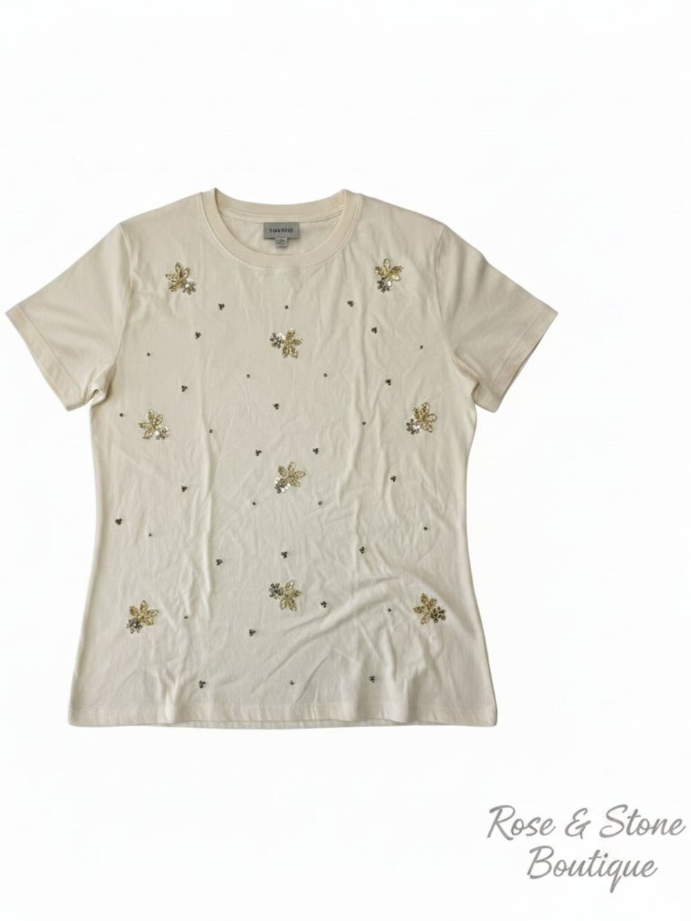 Torrid Embellished Beaded Tee | Gold Sequin Floral | Ivory White | Size 2 (2X)